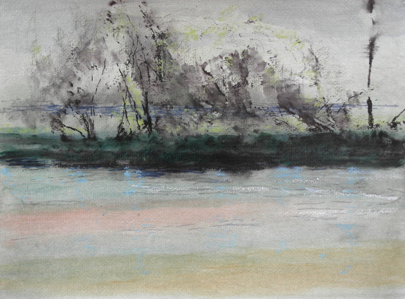 Dunkles Ufer,  2013,  Acryl, Tusche, Aquarell, &Ouml;lkreide auf  Papier, 30 x 40 cm