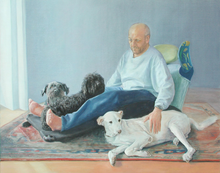 H.F. mit Hunden, 2004, Tempera- und &Ouml;lfarben auf Leinwand, 120 x 150 cm